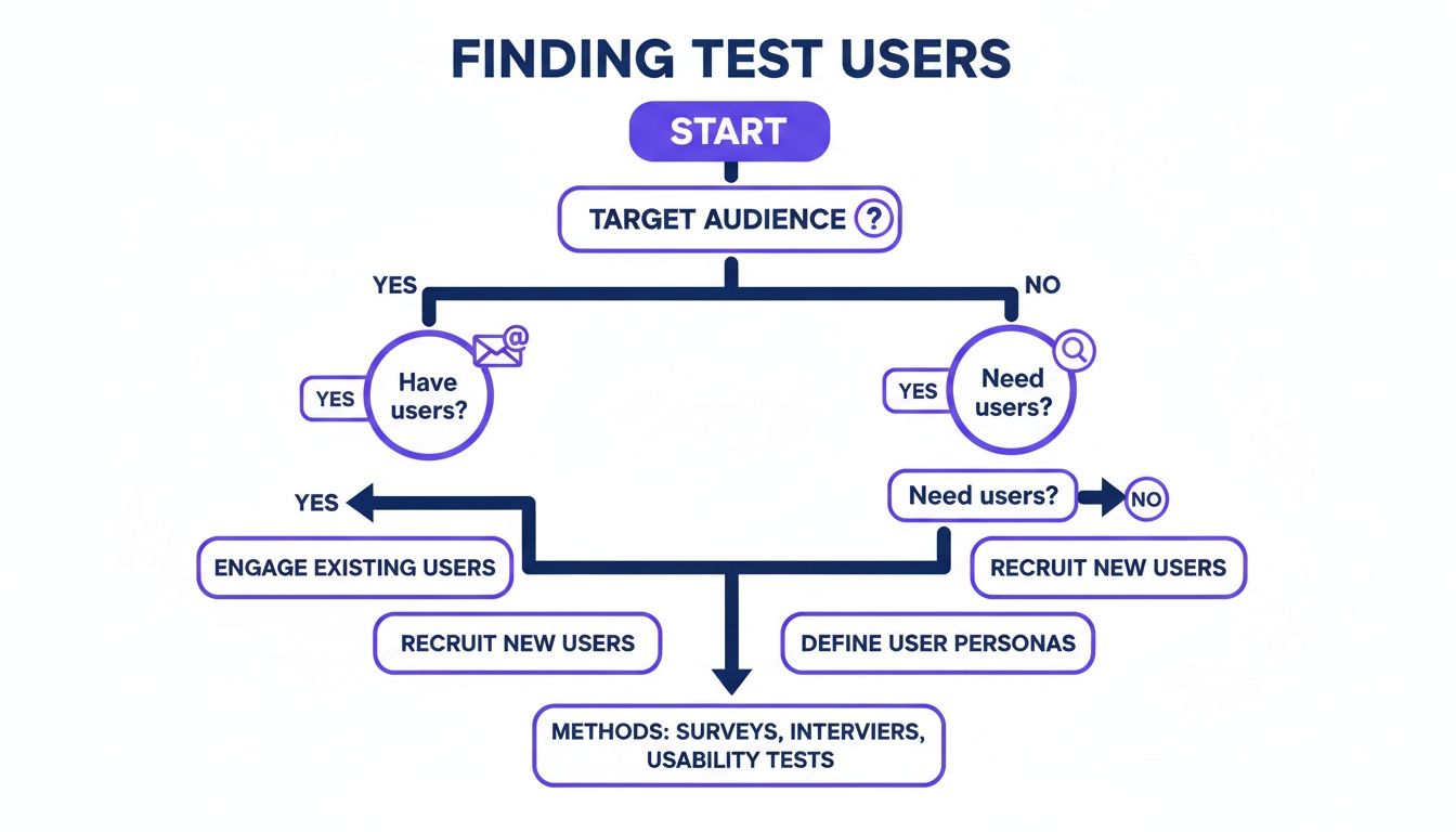 Flowchart illustrating the process of finding and engaging test users, covering existing and new user recruitment.