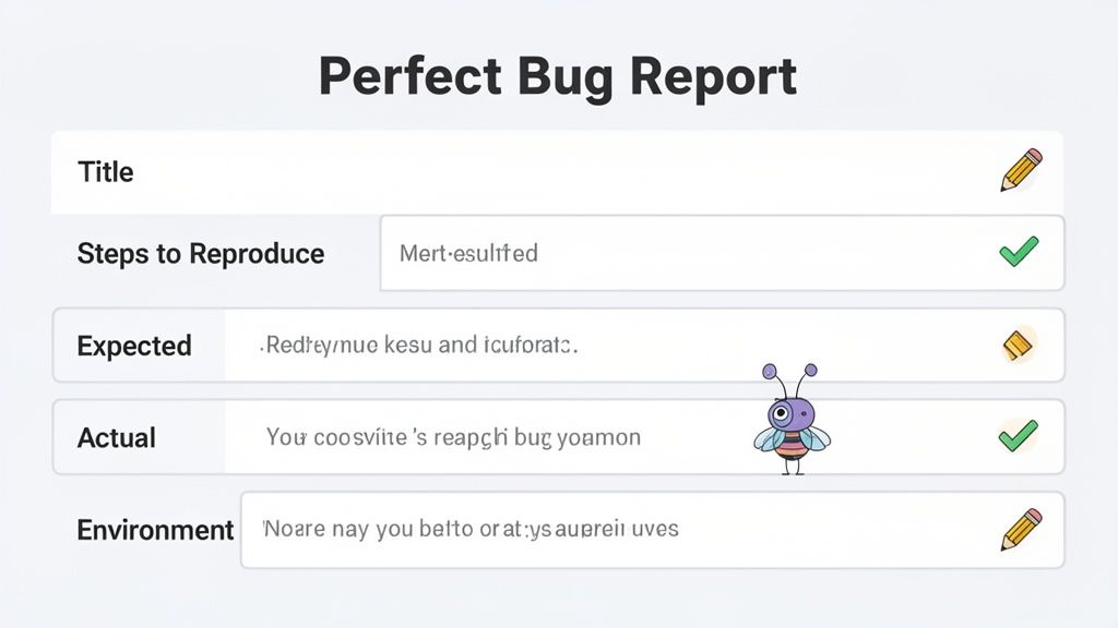 A digital form titled 'Perfect Bug Report' displaying fields for bug details, including steps, expected, actual outcomes, and environment.