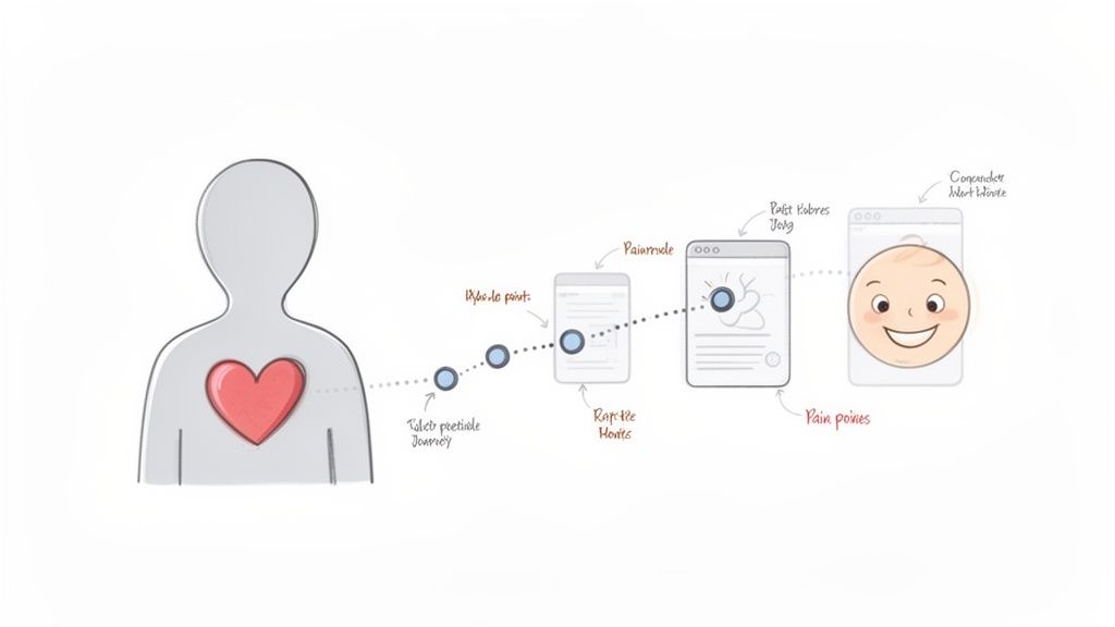 An illustration of a user journey showing human needs, digital interactions, and a happy outcome.