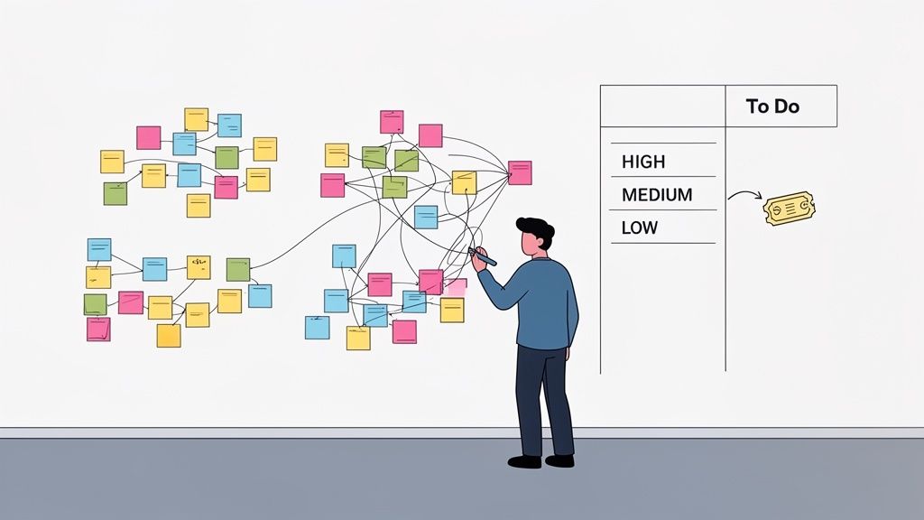 A person drawing connections between colorful sticky notes on a whiteboard, next to a 'To Do' list.