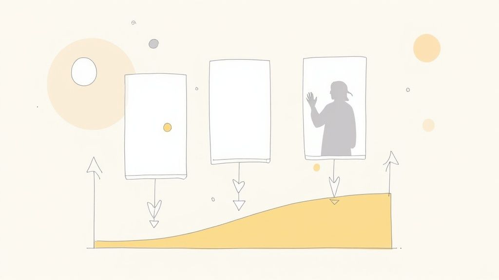 Illustration showing three smartphone screens with arrows indicating user flow and website navigation process