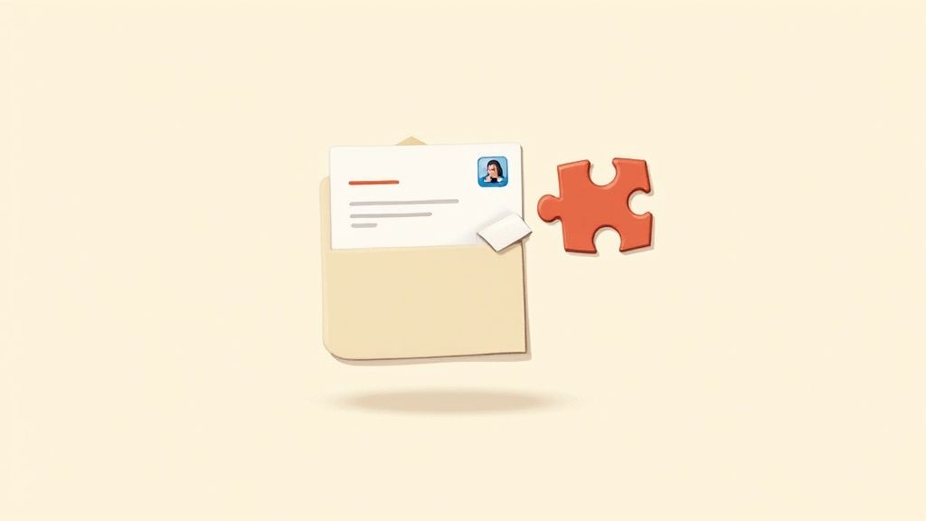 An open envelope with a document containing a profile picture and text, next to a red puzzle piece.