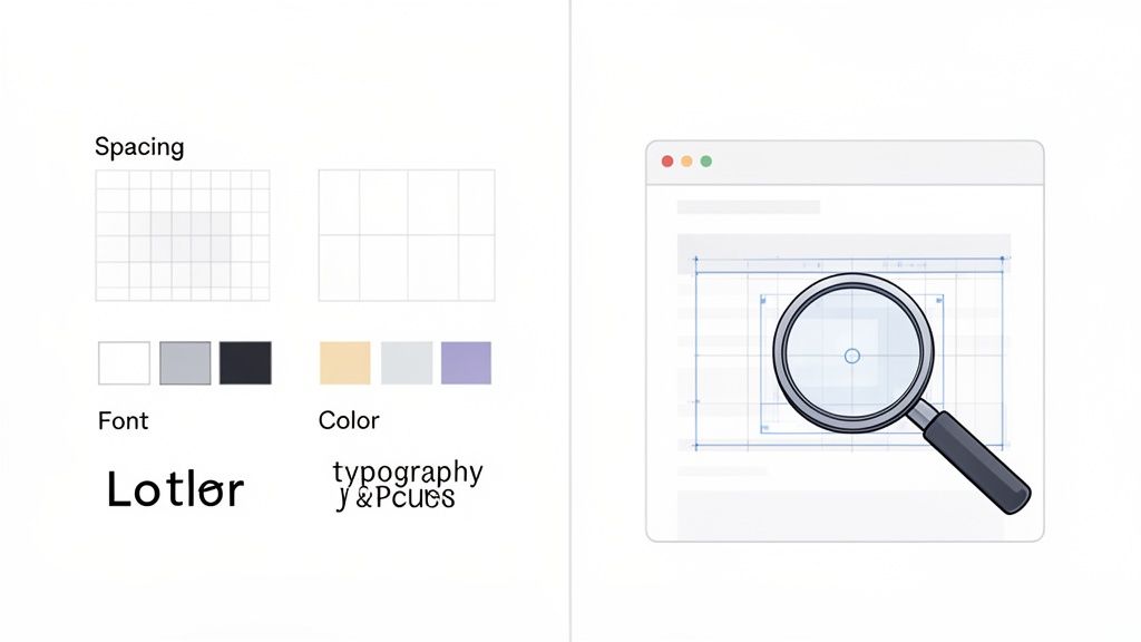 Illustration of design system elements like spacing grids, fonts, colors, and a magnifying glass checking a web layout.