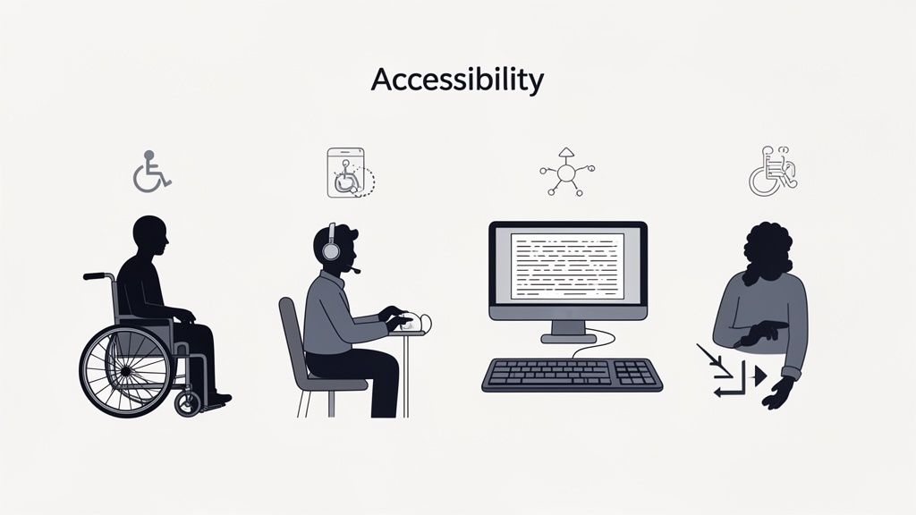 Illustrations demonstrating digital and physical accessibility, including wheelchair users, assistive technology, and sign language.