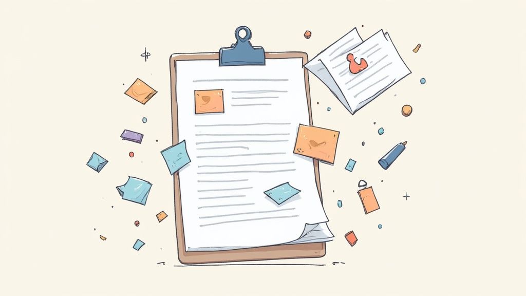 An illustration of a clipboard with papers, sticky notes, a pen, and scattered stationery elements.