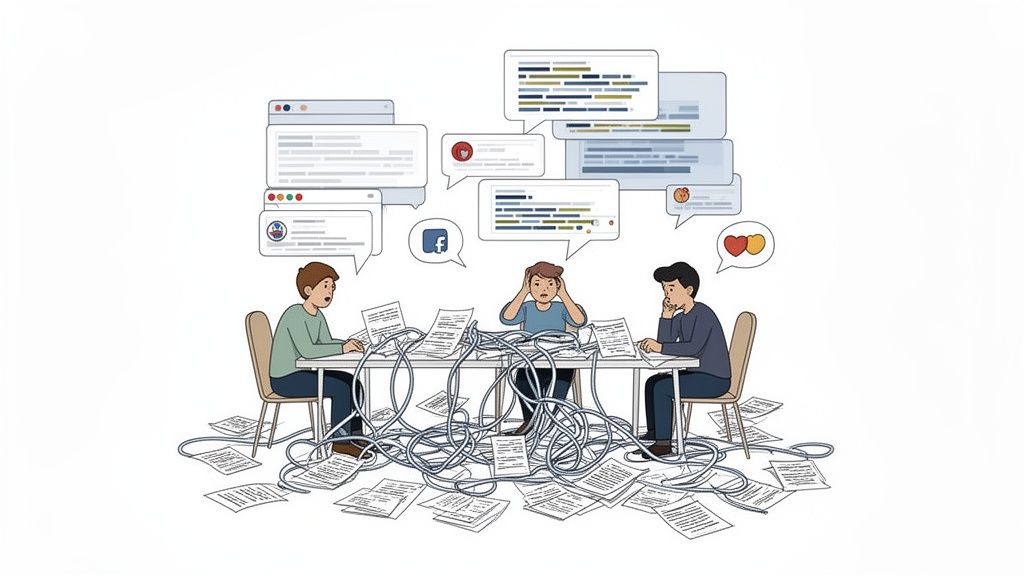 People at a desk are stressed by tangled wires, papers, and digital information overload.