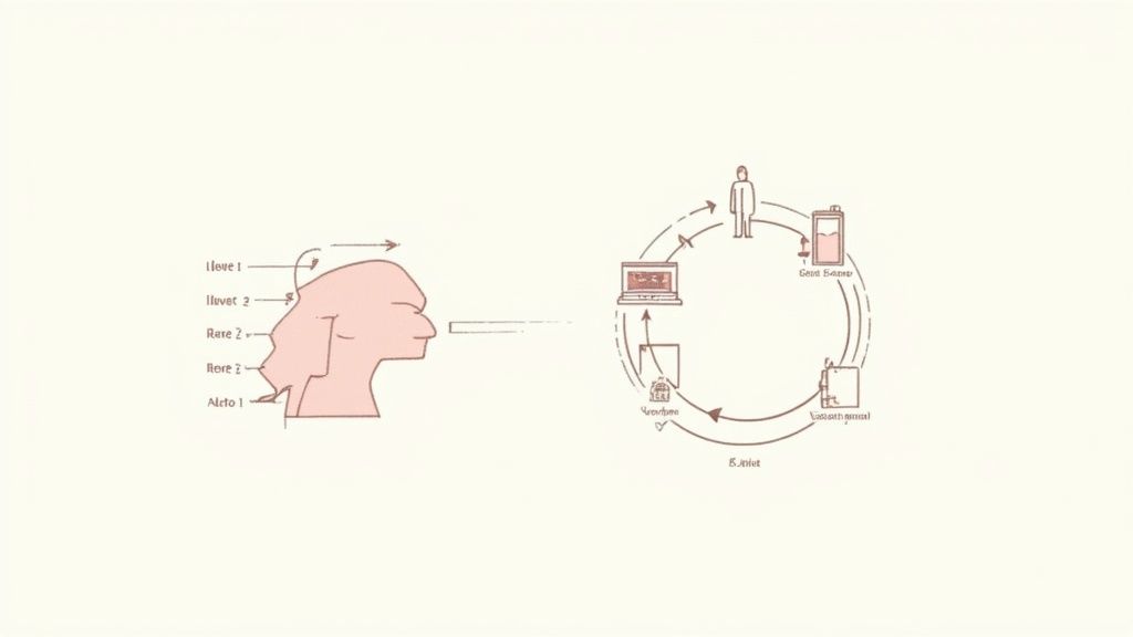 A diagram showing a conceptual flow from a labeled human head to a circular system with technology and a person.