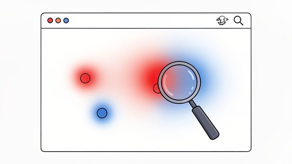 A web browser window displays a heatmap with red and blue areas, viewed through a magnifying glass.