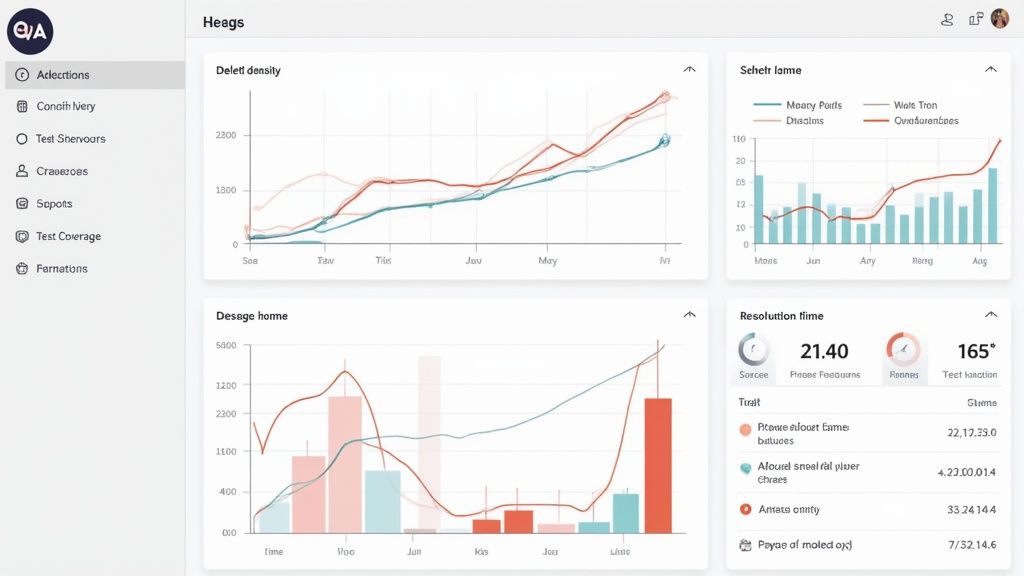 A comprehensive dashboard displaying various data charts, metrics, and navigation for a quality assurance system.