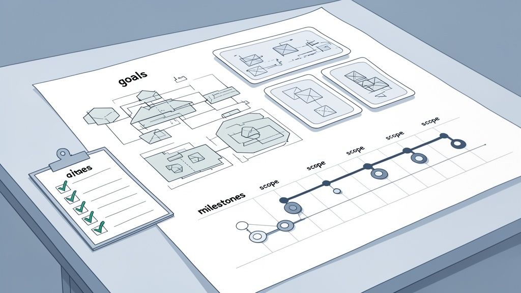 Detailed diagram of project goals, system architecture, and milestones laid out on a table with a checklist.