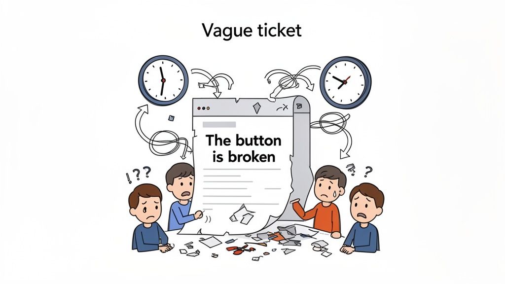 Team of developers frustrated by a vague bug report, wasting time due to lack of details.