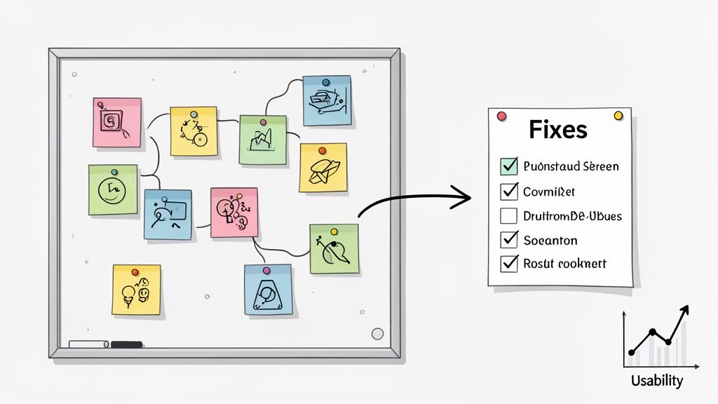 A whiteboard displays a workflow of ideas leading to a 'Fixes' checklist, showing improved usability.
