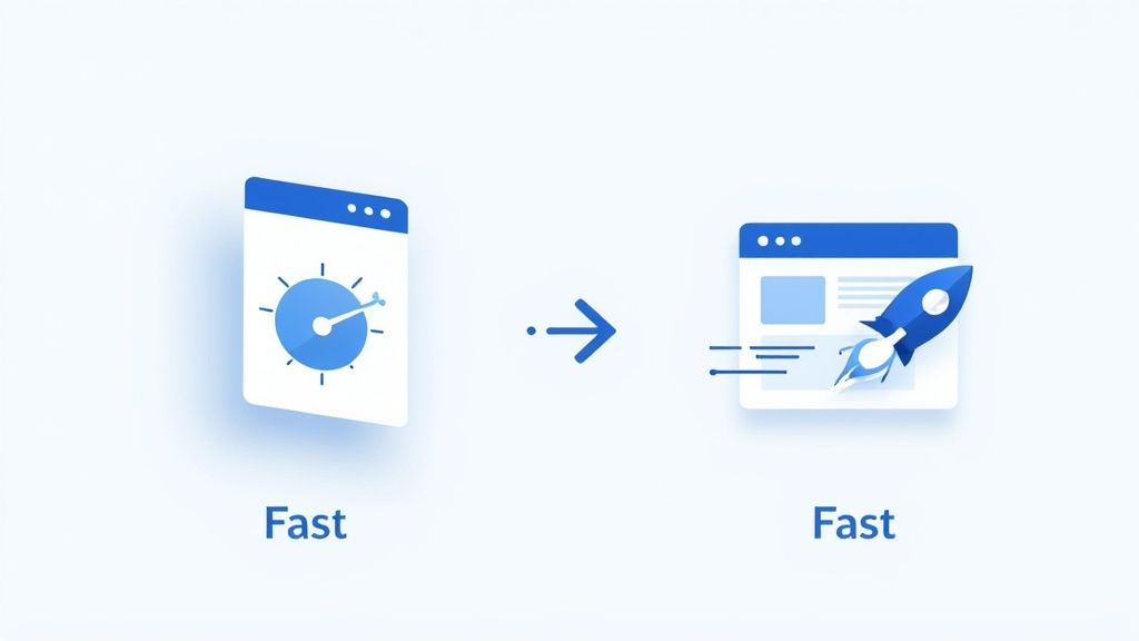 An illustration showing a browser window with a speedometer evolving into a browser window with a rocket taking off, symbolizing fast performance.