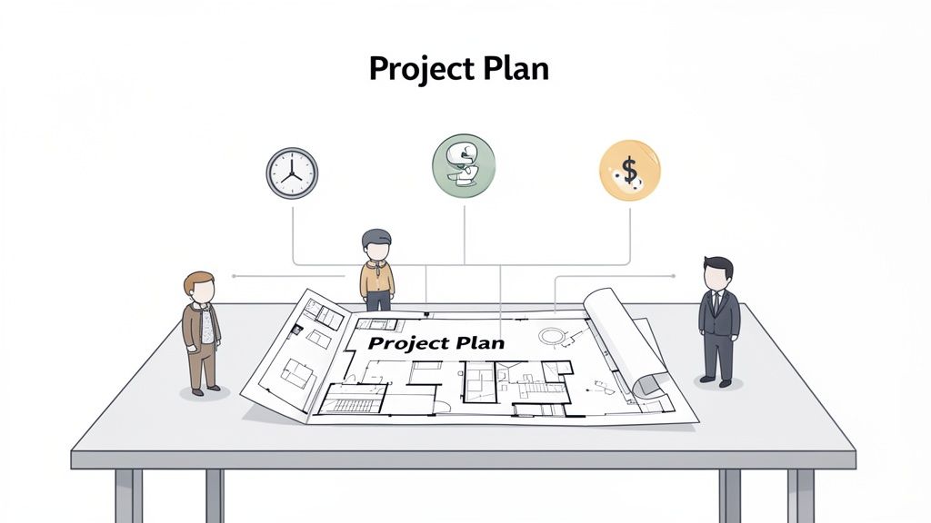 Three individuals review a project plan blueprint, balancing time, efficiency, and financial resources.