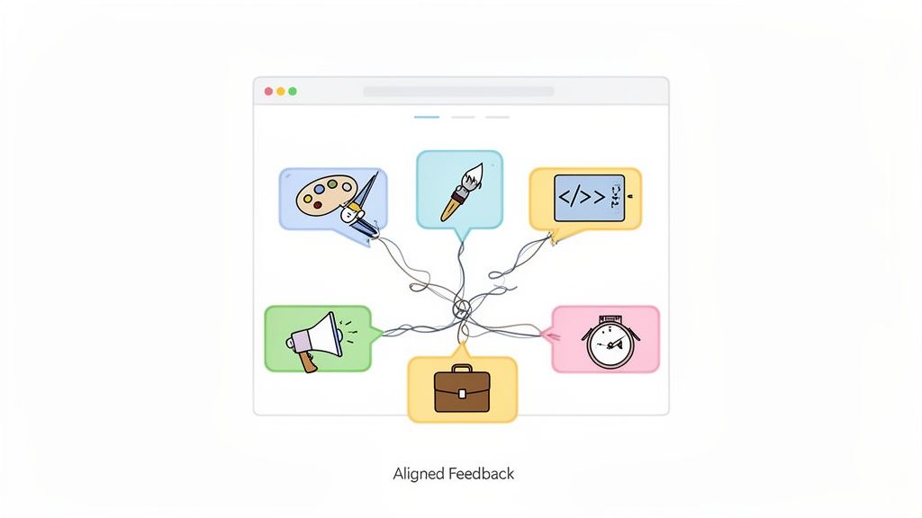 Browser illustration showing interconnected feedback bubbles for design, coding, marketing, and management, emphasizing alignment.