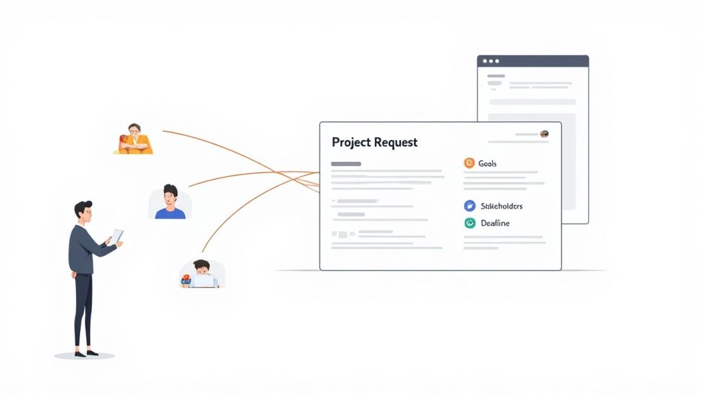 A man on a tablet managing a project request form with connections to three user profiles.