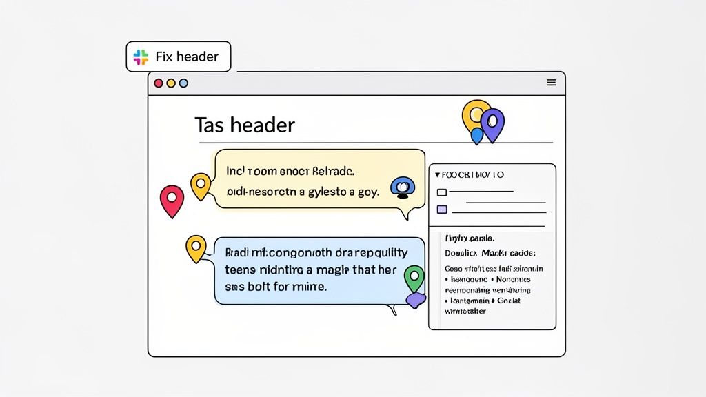 An illustration of a web page with speech bubbles, map pins, and a 'Fix header' annotation.