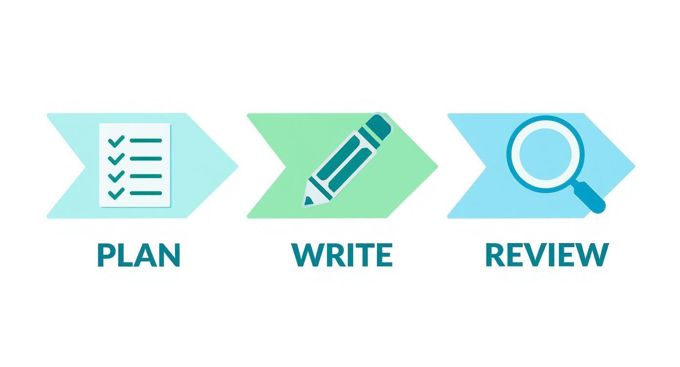 Three-step process flow with icons for Plan (checklist), Write (pencil), and Review (magnifying glass).