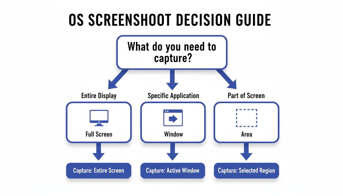 Decision guide flowchart illustrating how to capture screenshots: entire display, specific application, or part of screen.