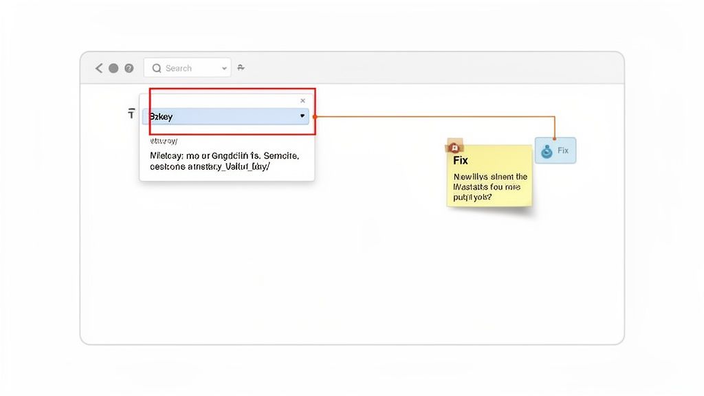 A web interface showing a search bar, a selected 'Bzkey' dropdown menu, and a connected 'Fix' sticky note.