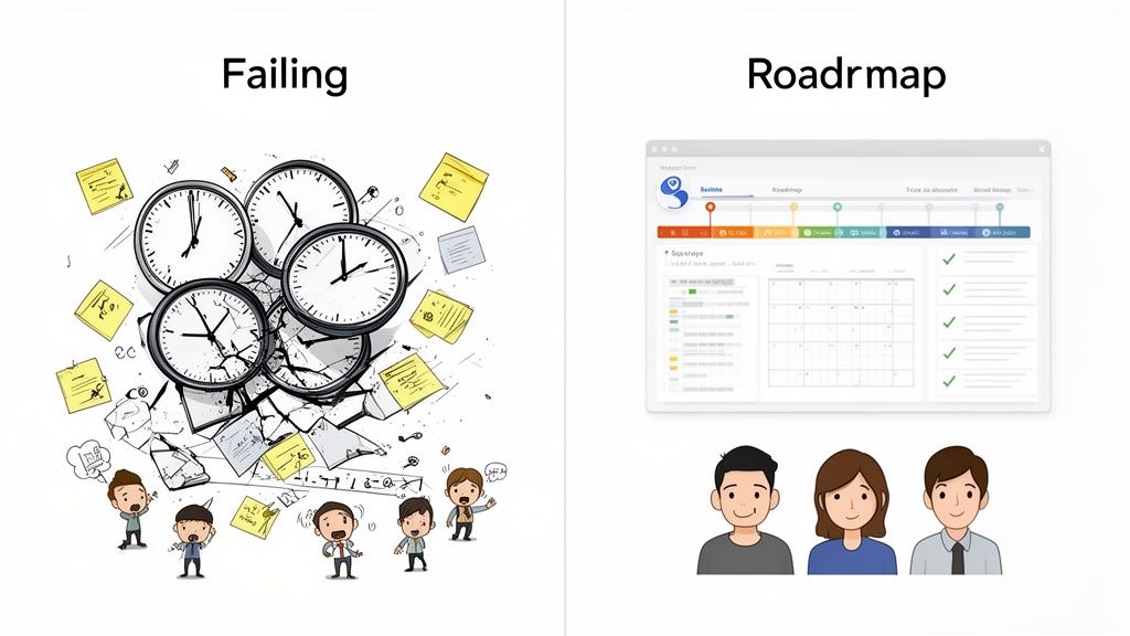 Comparison of project failing with broken clocks and distressed team versus a successful project roadmap and happy team.