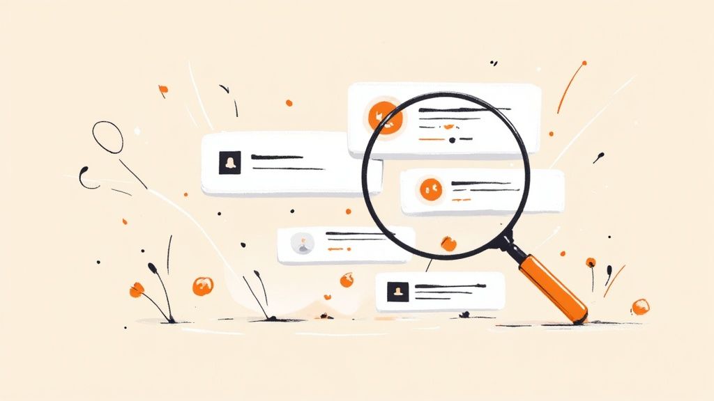 A magnifying glass hovers over multiple user profile cards, symbolizing data search and analysis.