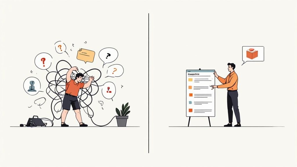 Illustration of problem-solving: a confused person tangled in issues versus a presenter with a clear, organized solution.