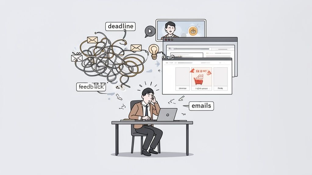 Illustration of a person overwhelmed by work, with deadlines, emails, feedback, and multiple digital tasks.