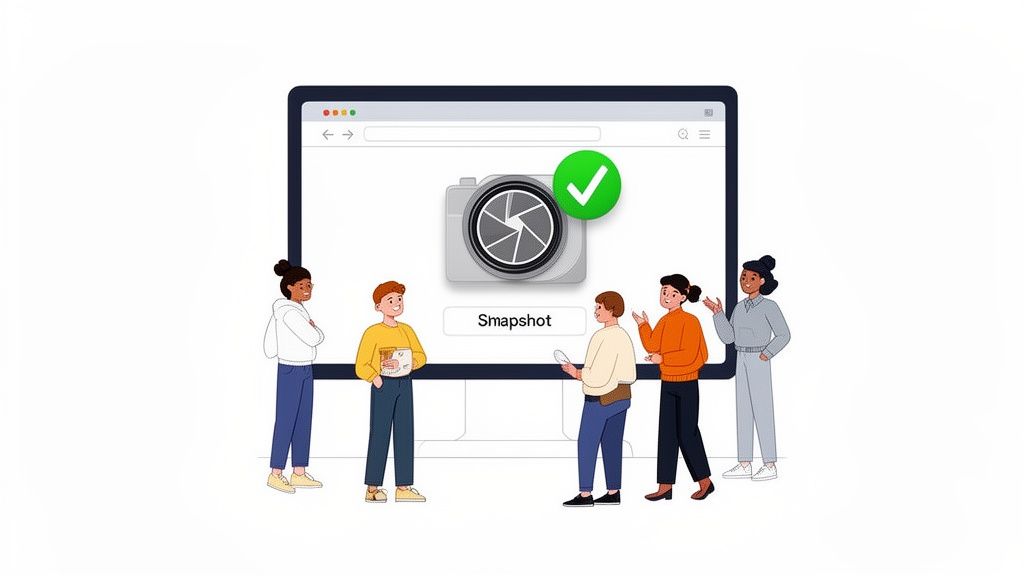 Illustration of diverse people around a monitor showing a 'Snapshot' camera icon with a green checkmark.