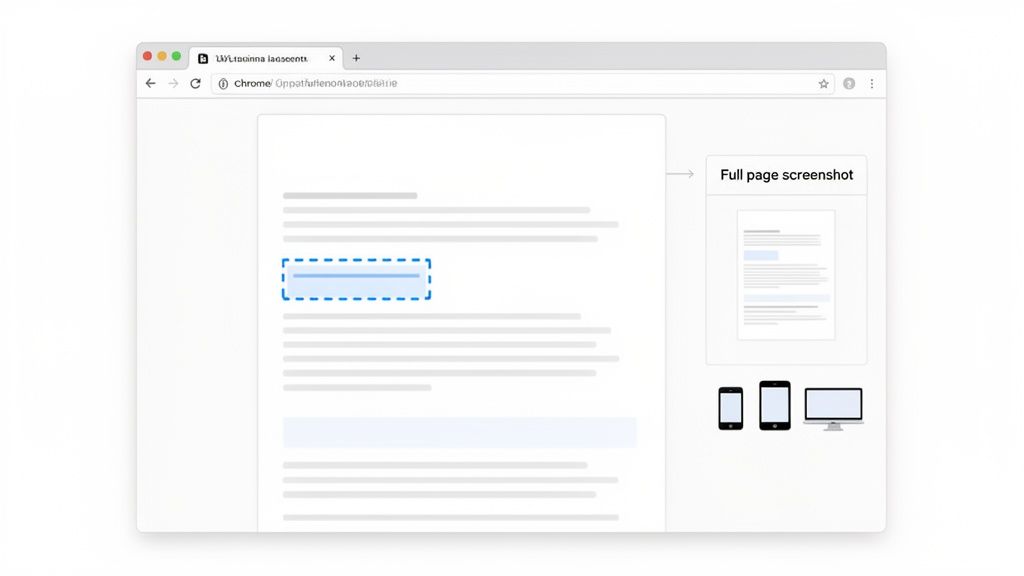 A Chrome browser window displaying a webpage with a highlighted section, alongside a full-page screenshot preview and device icons.