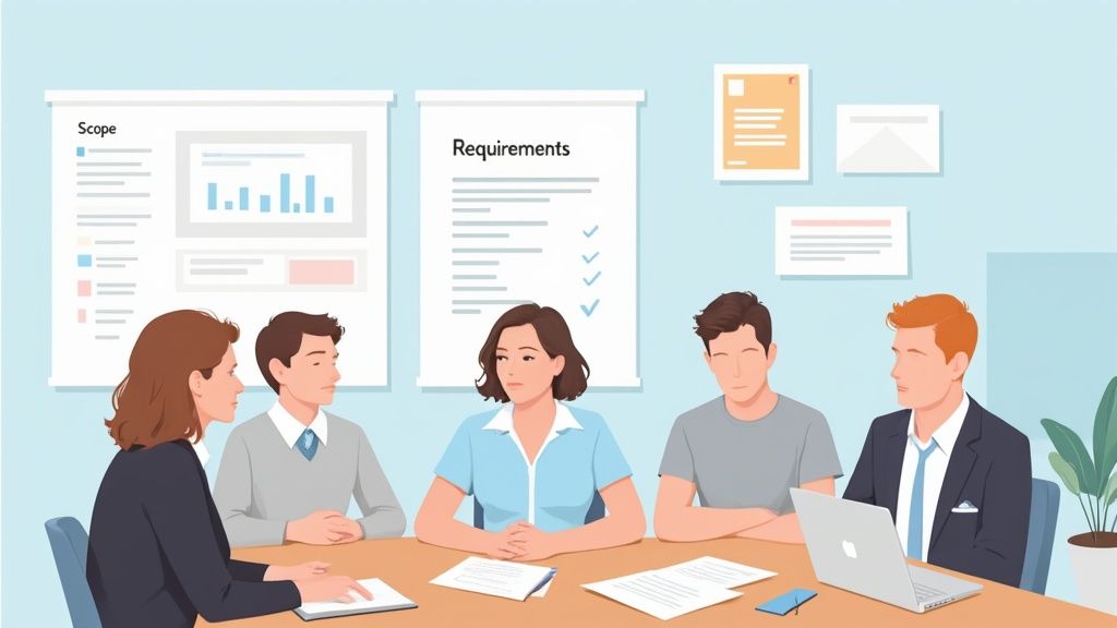 Business team meeting discussing project scope and requirements with charts and documents displayed