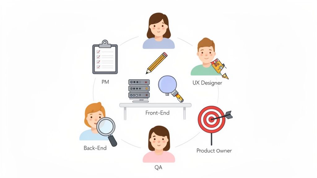 A circular diagram illustrating key roles in web development: PM, UX Designer, Product Owner, QA, Back-End, and Front-End.
