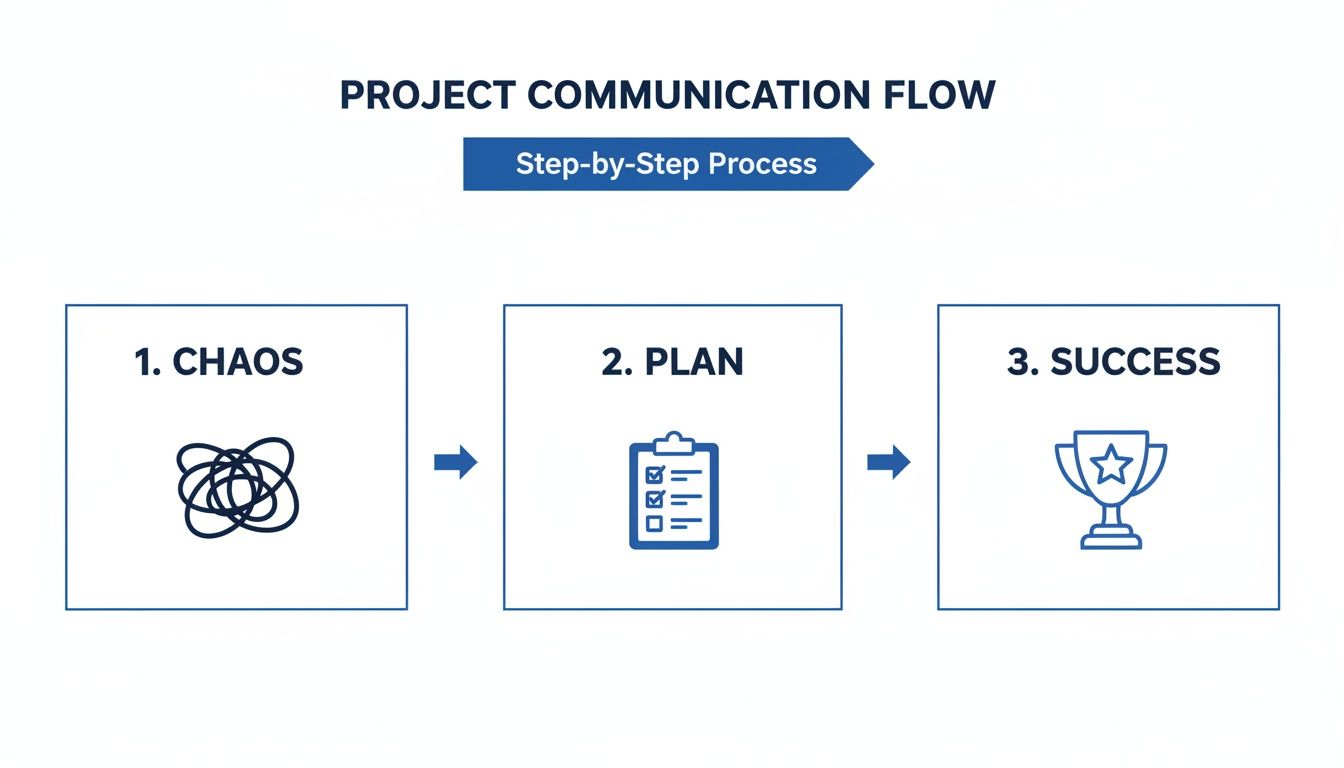 A diagram illustrating the project communication flow from chaos to success through planning.