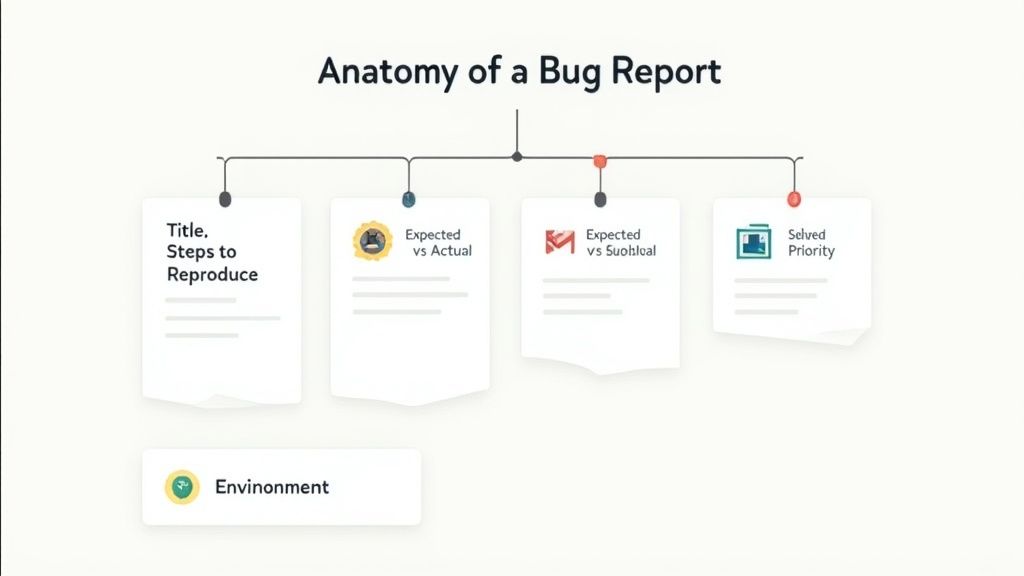 Diagram illustrating the key components of a bug report: title, steps, expected vs actual, priority, and environment.