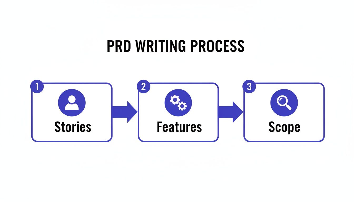A three-step flowchart illustrating the PRD writing process, including Stories, Features, and Scope.