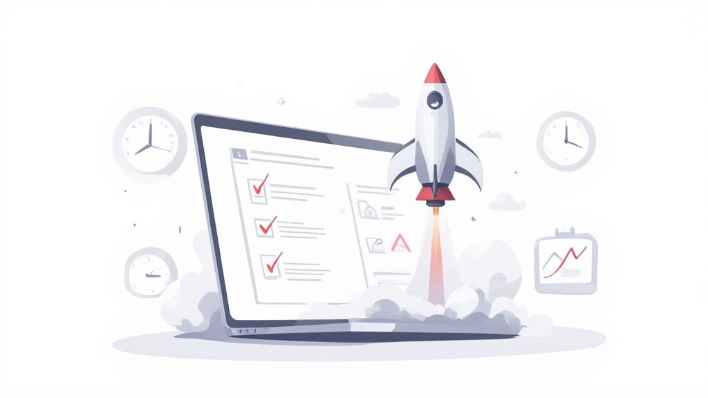 Rocket launching from laptop screen with checklist and productivity icons symbolizing project launch