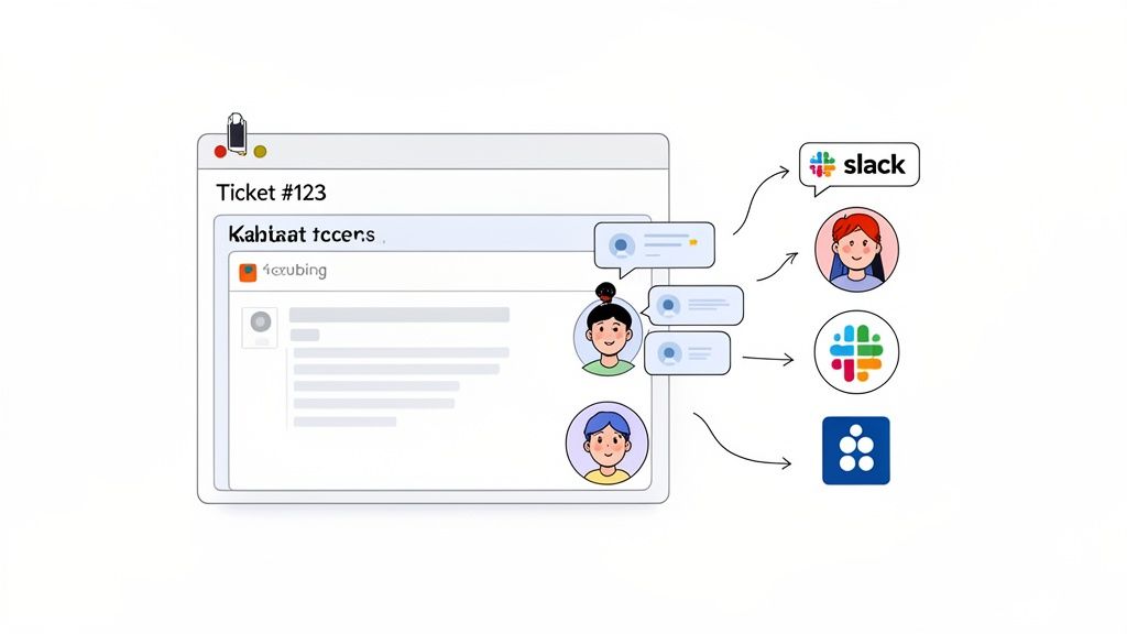 Web page ticket with user comments connecting to Slack and other communication applications.
