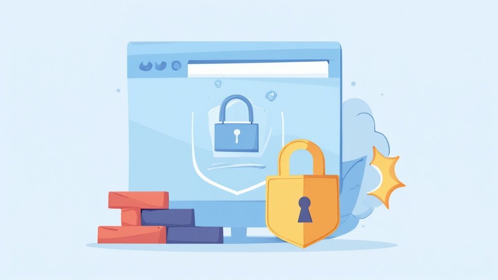 Website security illustration showing browser window with padlock and shield symbolizing data protection