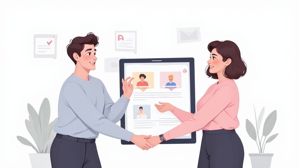 Two smiling cartoon-style people shaking hands in front of a tablet displaying user profiles, symbolizing collaboration or recruitment.