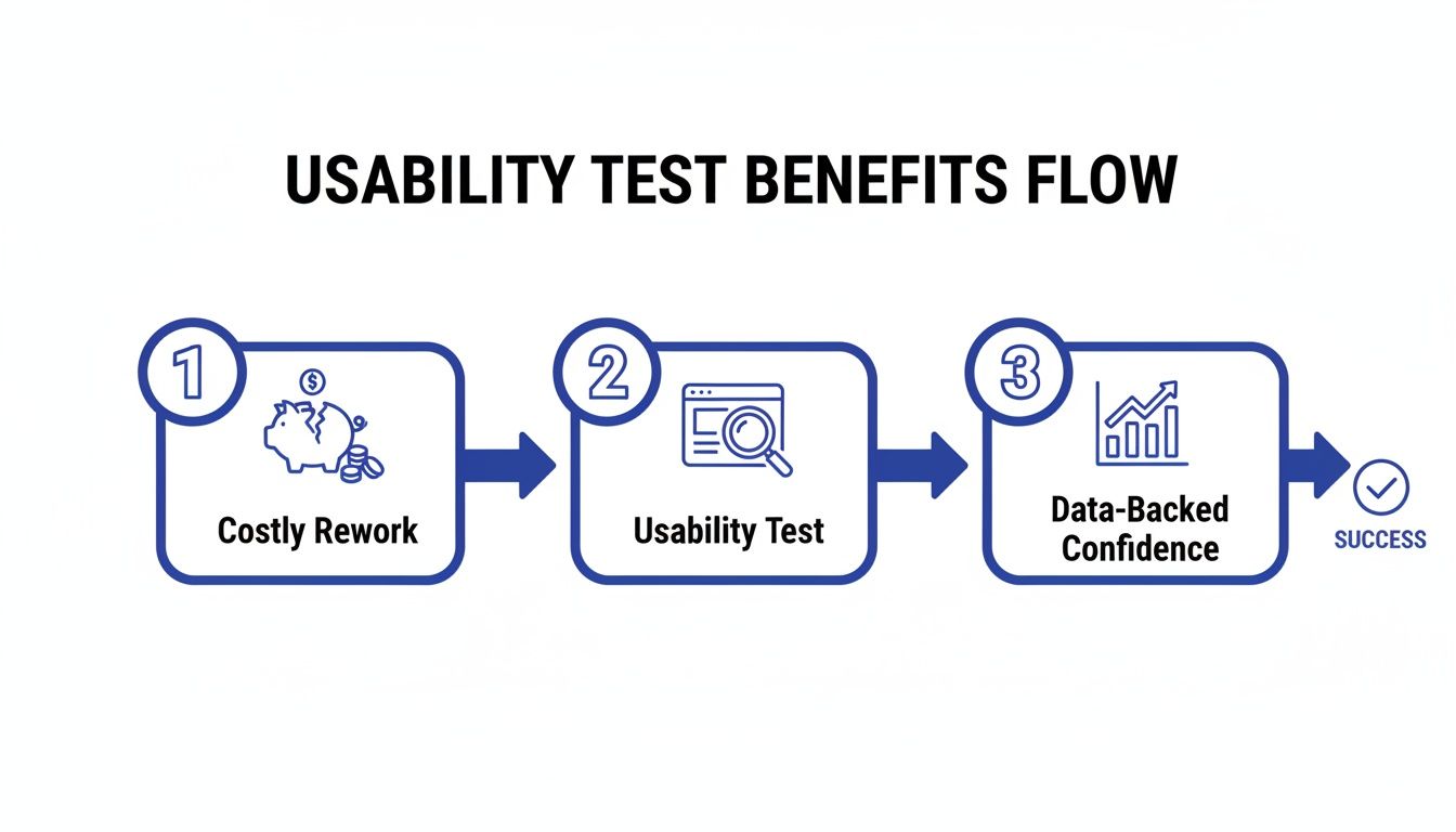 Flow diagram showing how usability testing prevents costly rework and leads to data-backed confidence and success.