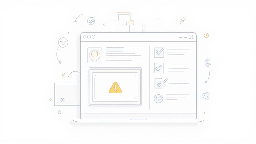 Minimalist illustration of a laptop screen displaying a checklist and a warning message in a video player, symbolizing a QA process.