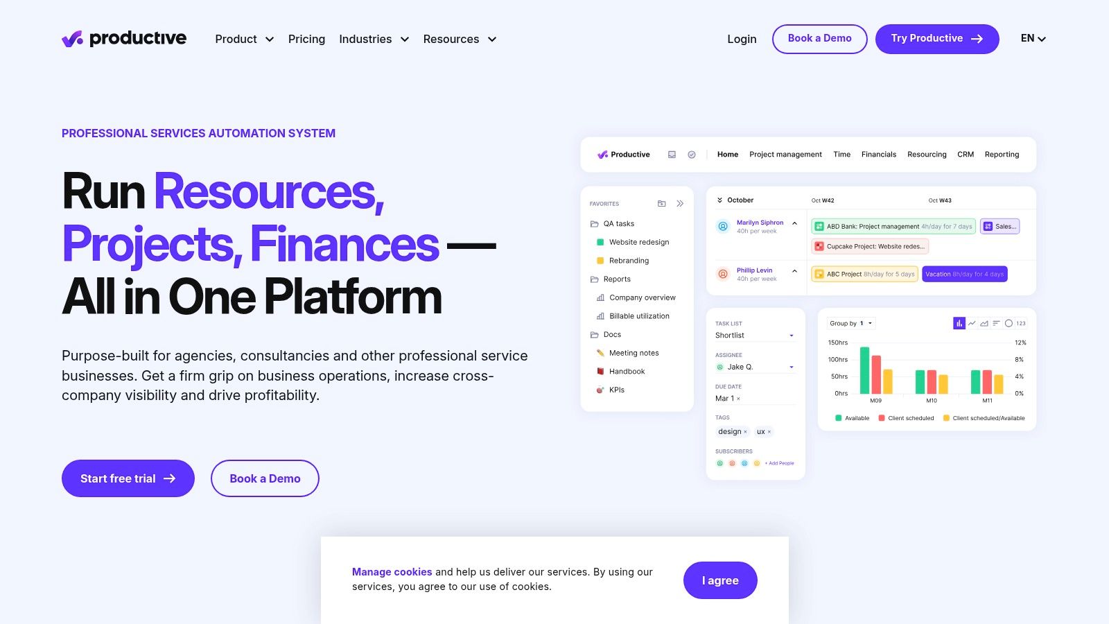 Productive's project dashboard showing budgets and tasks