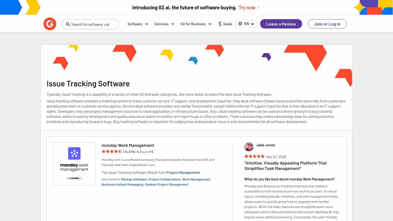 G2 – Bug Tracking/Issue Tracking Software Category