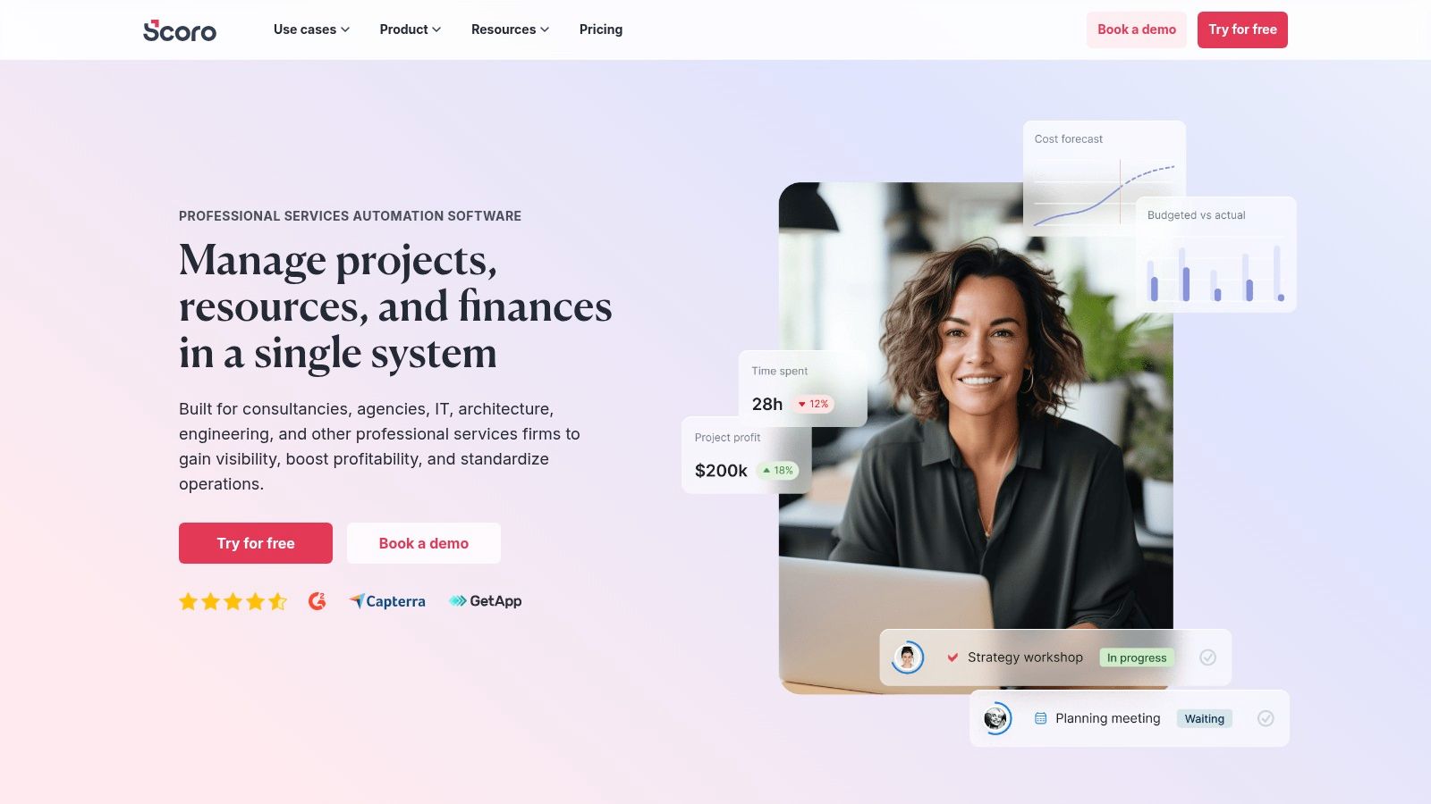 Scoro project management dashboard showing tasks, timelines, and financial data