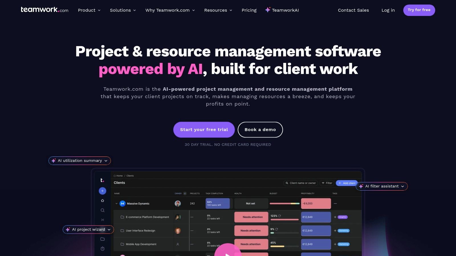 Teamwork project dashboard showing tasks, milestones, and project health