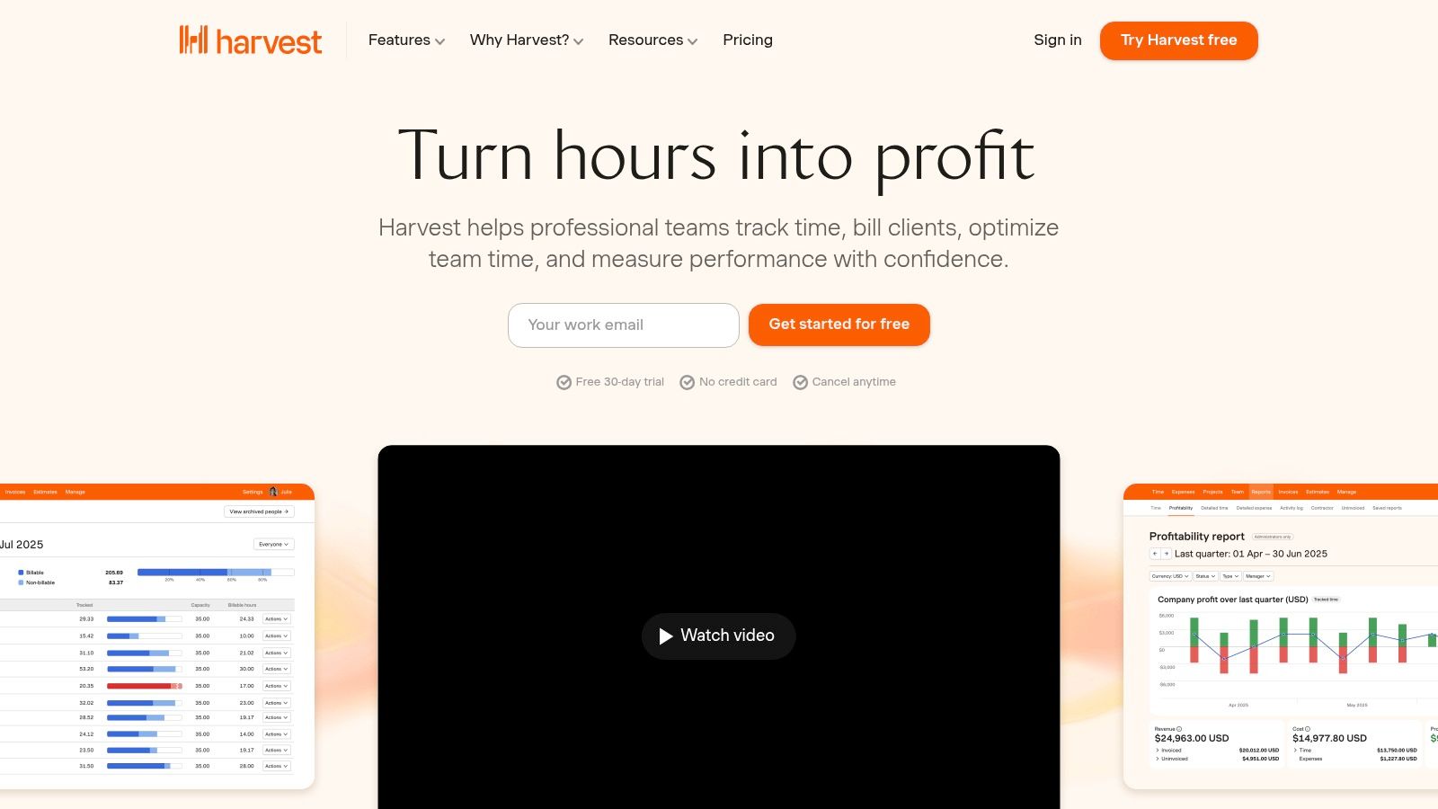 Harvest's time tracking dashboard showing project hours
