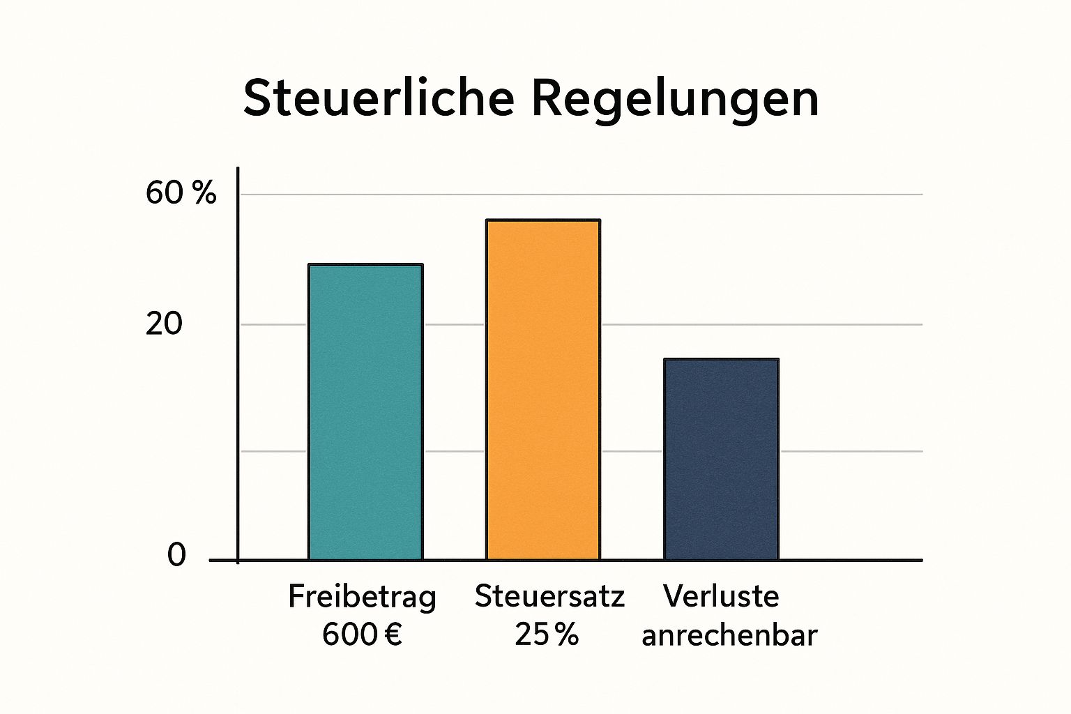 Infografik zur Kryptowährung Steuererklärung mit Balken für Freibetrag, Steuersatz und Verlustverrechnung