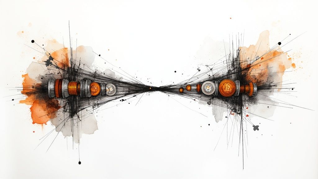 Ein Tresor öffnet sich und gibt den Blick auf ein leuchtendes Netzwerk von Kryptowährungen frei, was Sicherheit und Zugang symbolisiert.