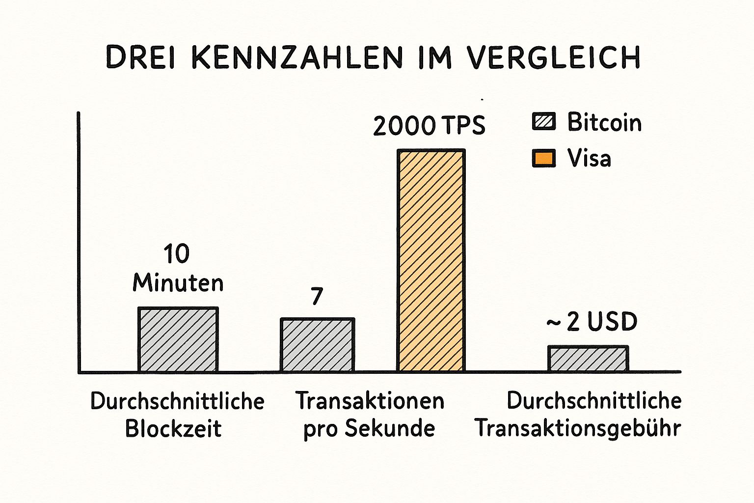 Infografik zu Bitcoin-Kennzahlen wie Transaktionen pro Sekunde, Blockzeit und Gebühren.