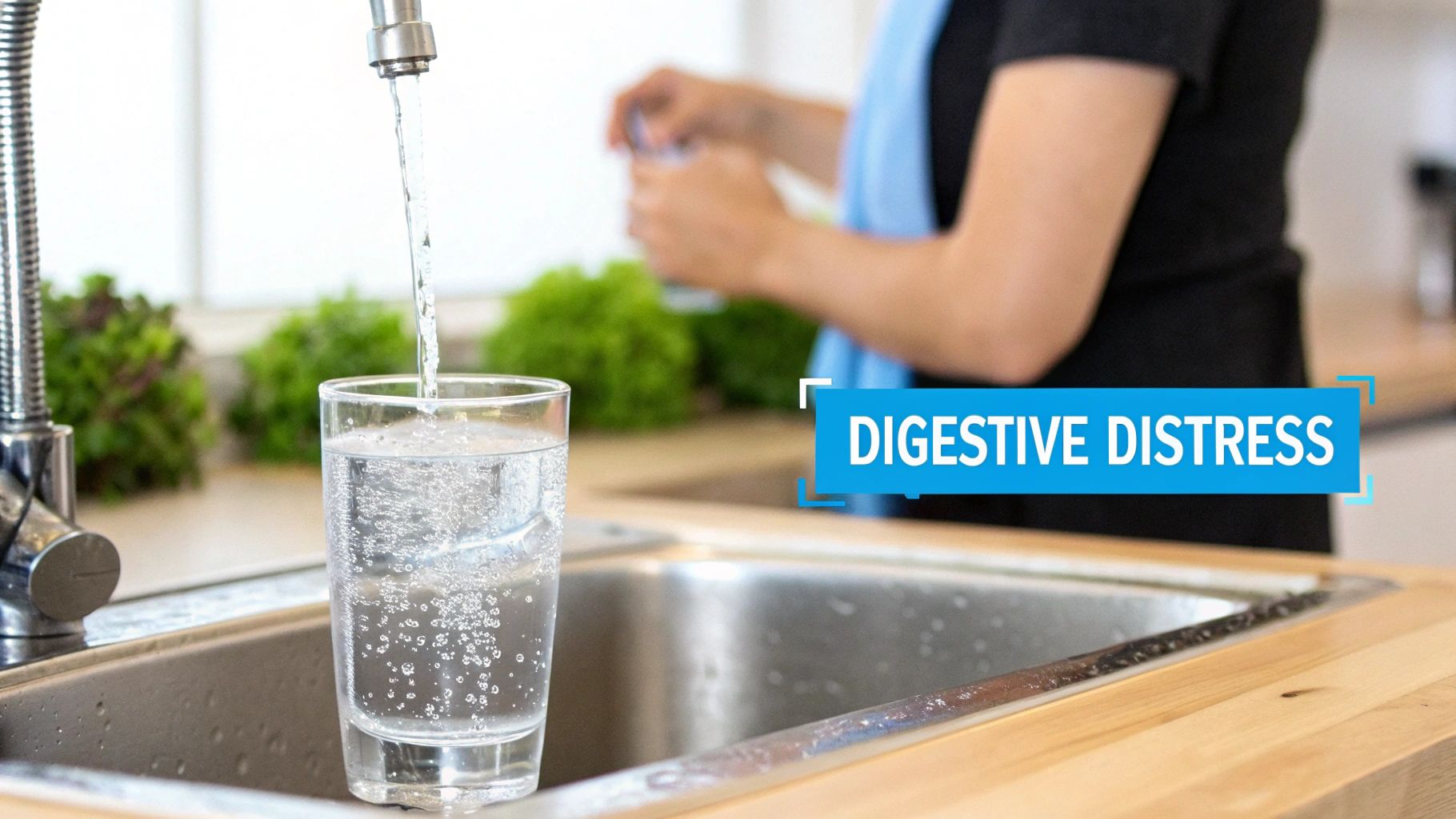 Water flows from a faucet into a glass in a kitchen sink, with 'DIGESTIVE DISTRESS' text.